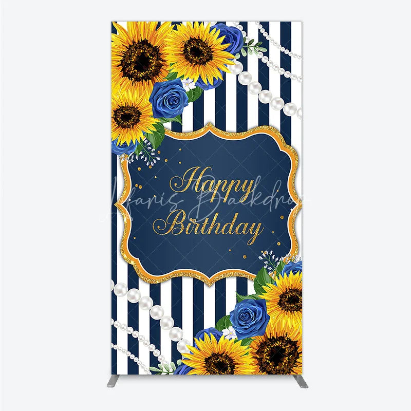 Lofaris Sunflower Blue Rose Birthday Rectangle Backdrop Navy Stripe Floral Party Decoration Gold Frame Pearl Background