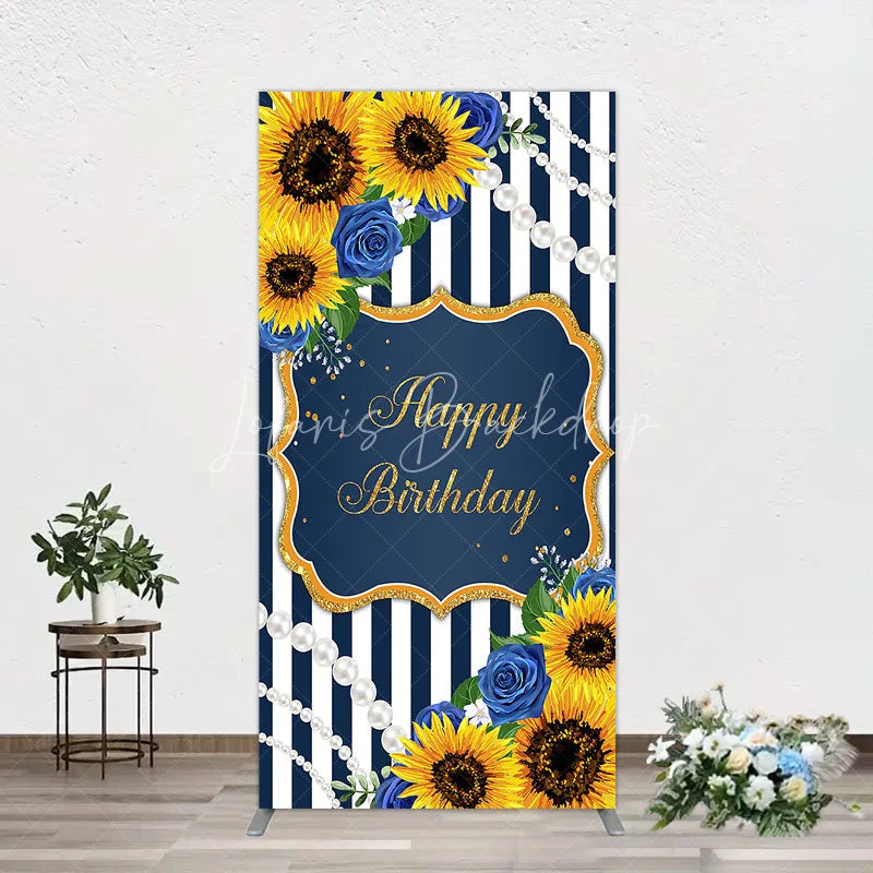 Lofaris Sunflower Blue Rose Birthday Rectangle Backdrop Navy Stripe Floral Party Decoration Gold Frame Pearl Background