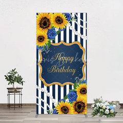 Lofaris Sunflower Blue Rose Birthday Rectangle Backdrop Navy Stripe Floral Party Decoration Gold Frame Pearl Background