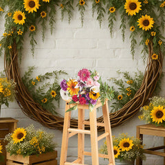 Lofaris Sunflower Circle Boho White Brick Wedding Backdrop