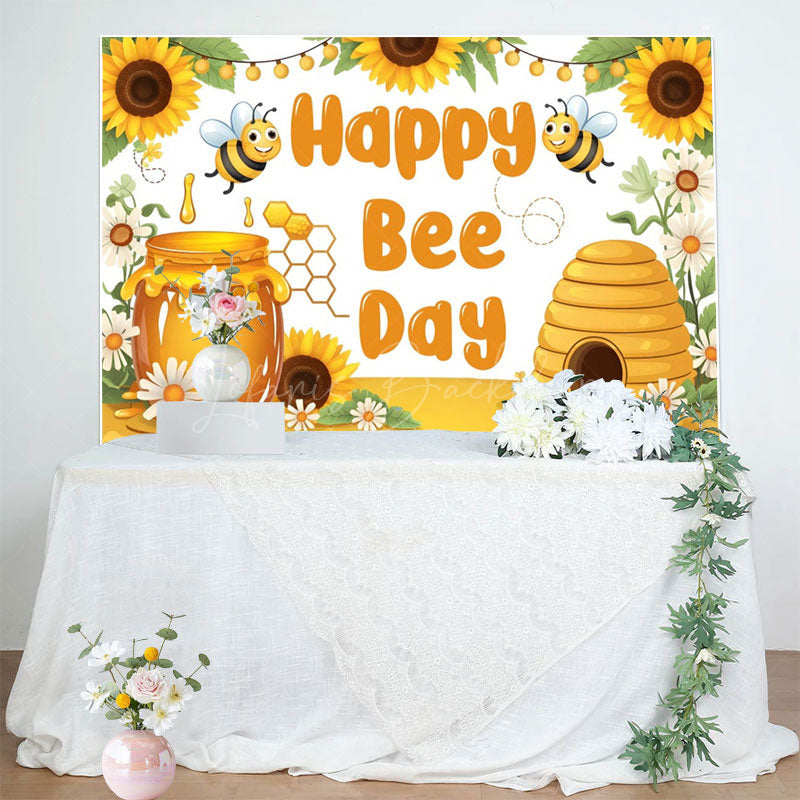 Lofaris Sunflower Happy Bee Day Cartoon Birthday Backdrop