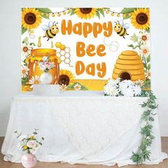Lofaris Sunflower Happy Bee Day Cartoon Birthday Backdrop