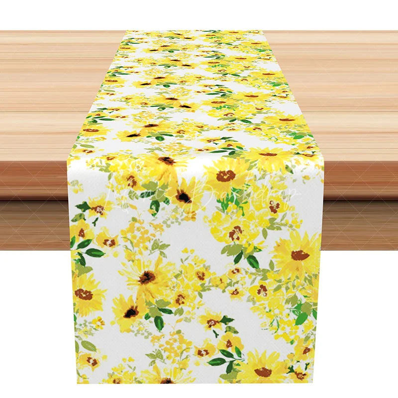 Lofaris Sunflower Table Runner on White Yellow Floral for Summer Fall Harvest and Farmhouse Kitchen Dining Decor