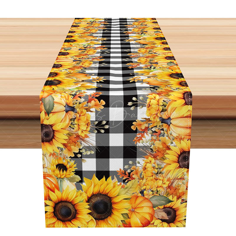 Lofaris Sunflower Table Runner with Black and White Buffalo Plaid for Modern Farmhouse Fall Kitchen Decor