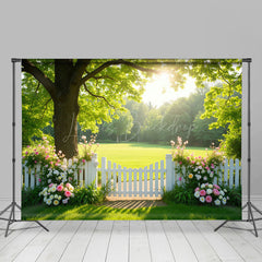 Lofaris Sunlight Green Grass Tree Floral Fence Summer Backdrop