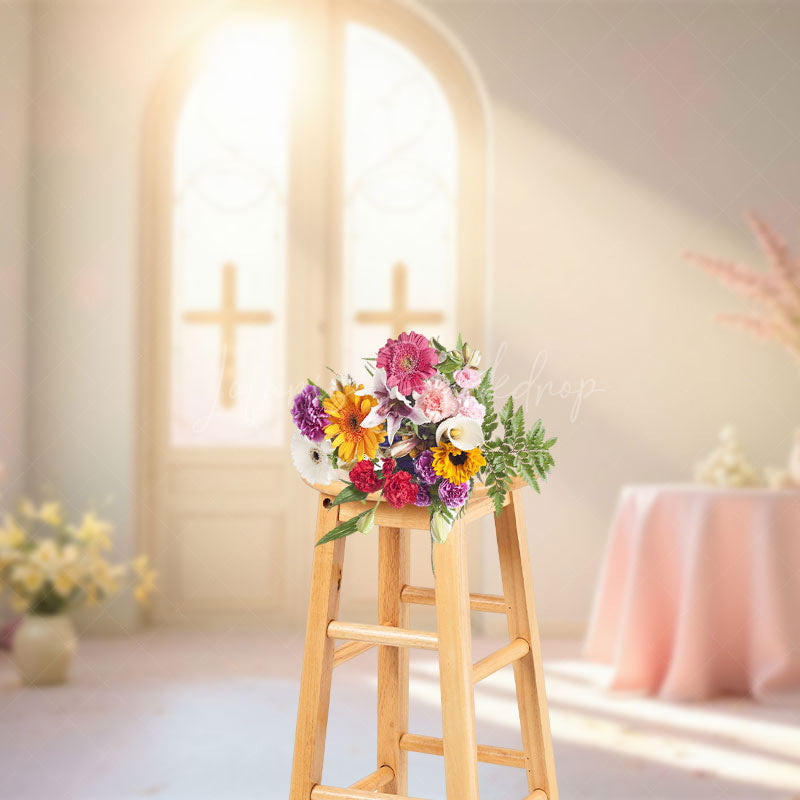 Lofaris Sunlight Room Cross Floral Rabbit Easter Backdrop