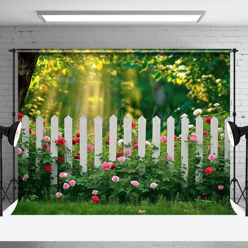 Lofaris Sunlight Spring Greenery Floral Garden Fence Backdrop