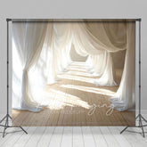 Lofaris Sunlight White Flowy Drapery Wood Floor Backdrop