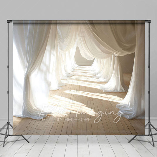 Lofaris Sunlight White Flowy Drapery Wood Floor Backdrop