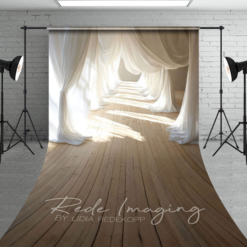 Lofaris Sunlight White Flowy Drapery Wood Floor Sweep Backdrop