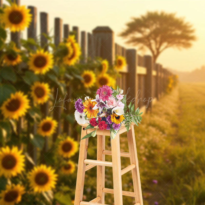Lofaris Sunlight Wood Fence Sunflower Summer Field Backdrop
