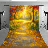 Lofaris Sunlit Autumn Forest Sweep Backdrop Painterly Fall Scene with Yellow Leaves Thanksgiving Photo Floor Drop
