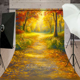 Lofaris Sunlit Autumn Forest Sweep Backdrop Painterly Fall Scene with Yellow Leaves Thanksgiving Photo Floor Drop