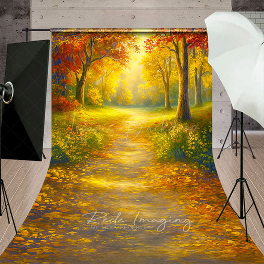 Lofaris Sunlit Autumn Forest Sweep Backdrop Painterly Fall Scene with Yellow Leaves Thanksgiving Photo Floor Drop
