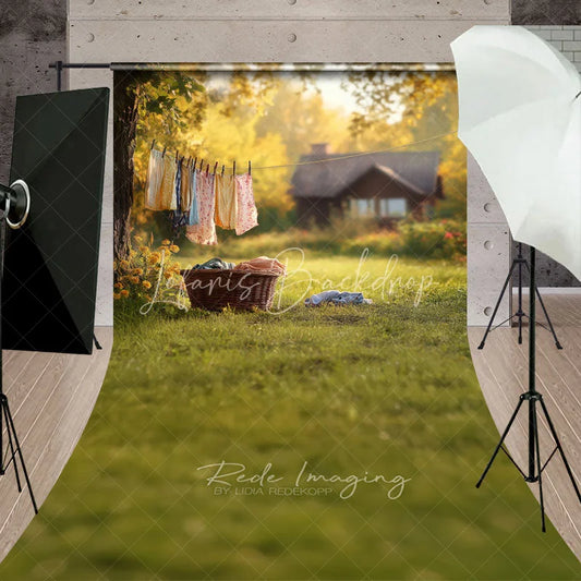 Lofaris Sunny Backyard Clothesline Photography Backdrop Summer Green Grass Rustic House Landscape Background