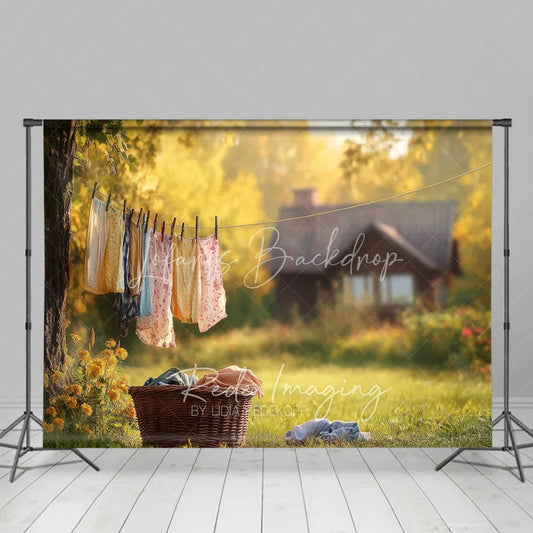 Lofaris Sunny Garden Cottage Backdrop Laundry Line and Flowers Spring Photography Background Rustic Country Scene