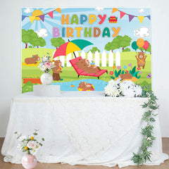 Lofaris Sunny Park Swimming Pool Groundhog Birthday Backdrop