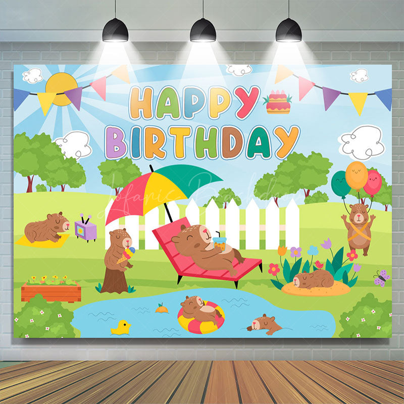 Lofaris Sunny Park Swimming Pool Groundhog Birthday Backdrop