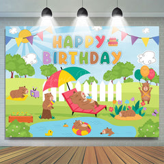 Lofaris Sunny Park Swimming Pool Groundhog Birthday Backdrop