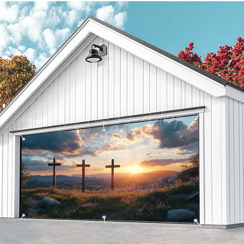 Lofaris Sunrise Cloud Field Cross Easter Garage Door Banner