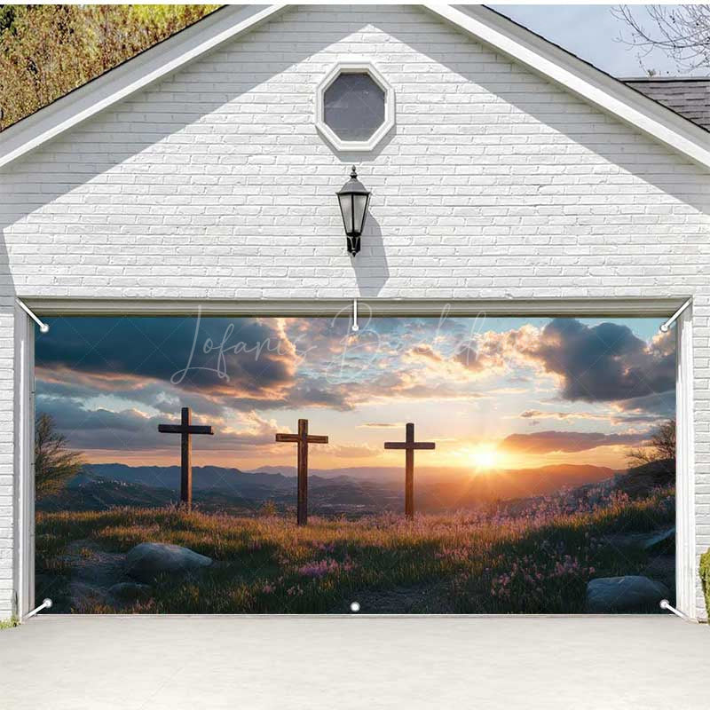 Lofaris Sunrise Cloud Field Cross Easter Garage Door Banner
