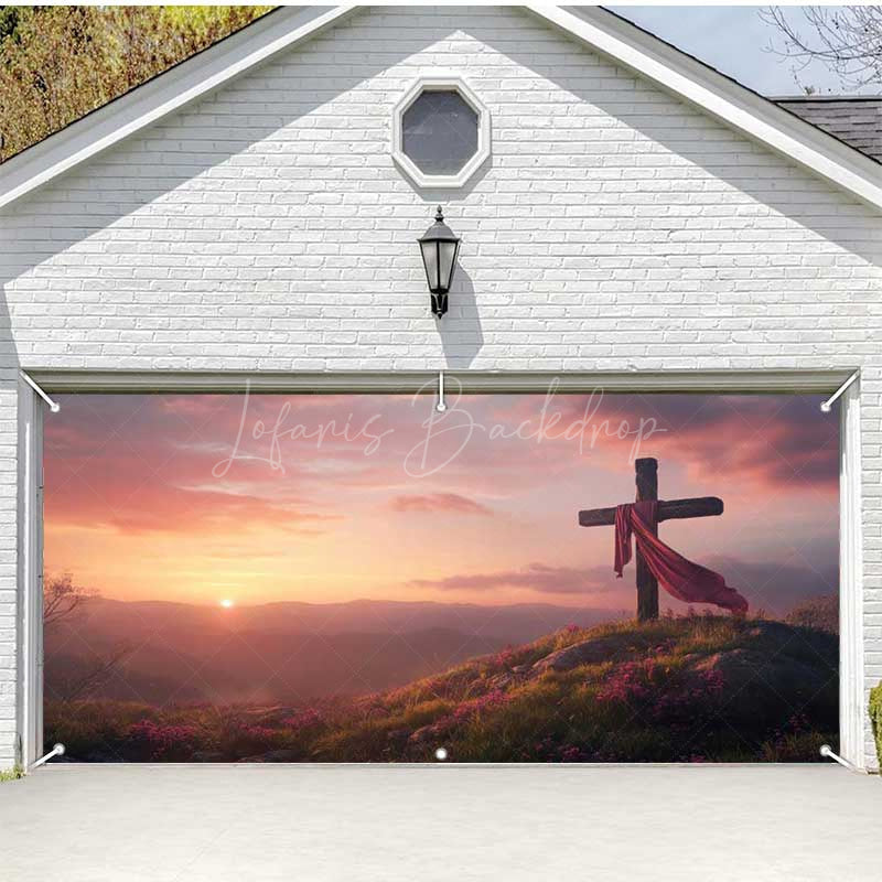 Lofaris Sunrise Sky Mountain Field Cross Garage Door Banner