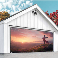 Lofaris Sunrise Sky Mountain Field Cross Garage Door Banner