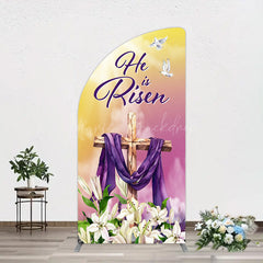 Lofaris Sunset Floral Cross He Is Risen Easter Half Moon Arch Backdrop