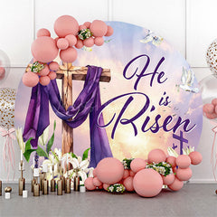 Lofaris Sunset Floral Cross He Is Risen Round Easter Backdrop