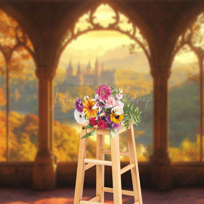 Lofaris Sunset Forest Castle Window View Photography Backdrop