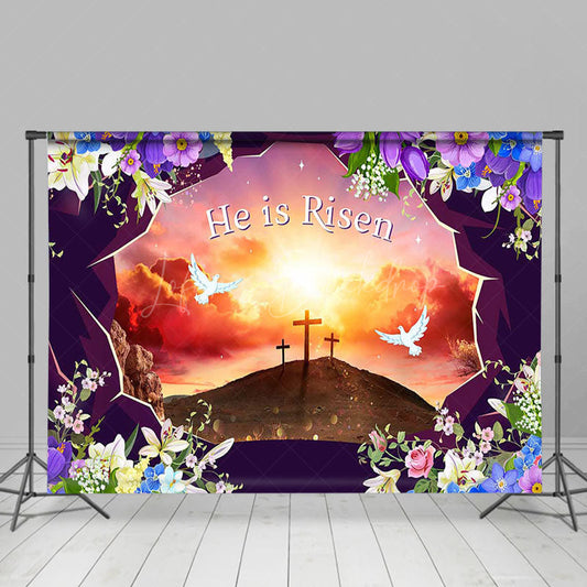 Lofaris Sunset Hills Cross Floral He Is Risen Easter Backdrop