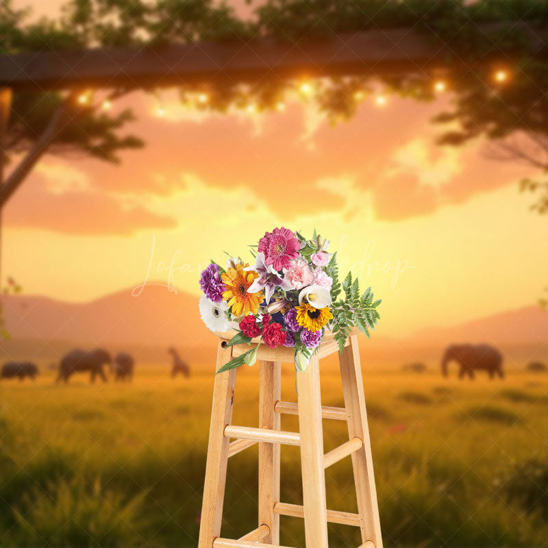 Lofaris Sunset Prairie Elephant Herd Natural Scene Backdrop