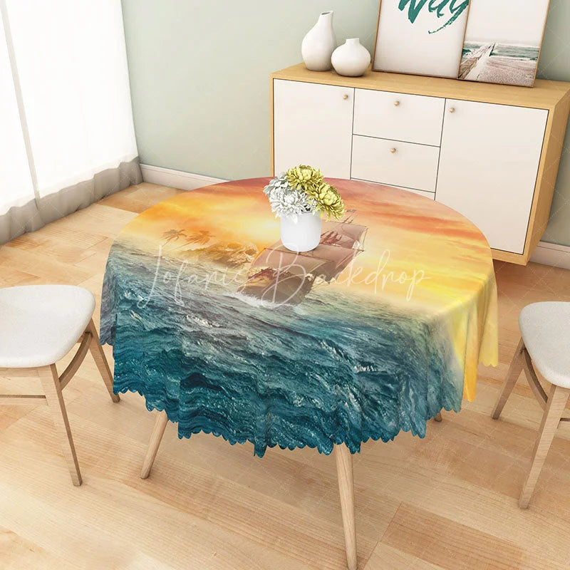 Lofaris Sunset Sea Monster and Boat Round Tablecloth for Mythical Kraken Nautical Themed Decor