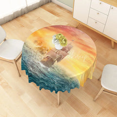 Lofaris Sunset Sea Monster and Boat Round Tablecloth for Mythical Kraken Nautical Themed Decor