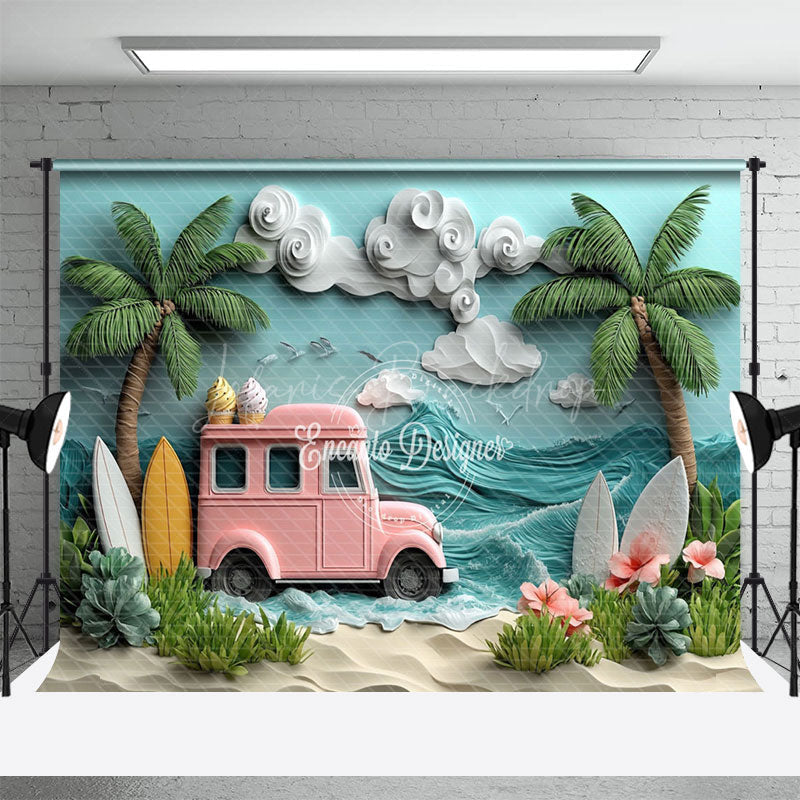 Lofaris Surfboards Cartoon Truck Beach Floral Summer Backdrop