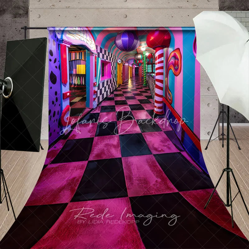 Lofaris Surreal Candy Hallway Fine Art Photography Backdrop Pink Checkered Floor Sweep Portrait Studio Background