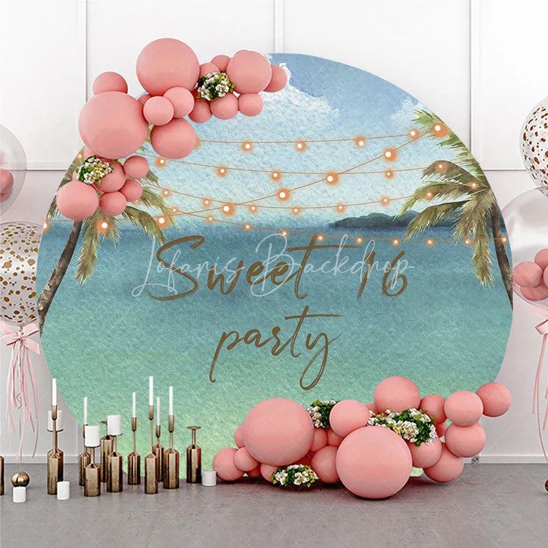 Lofaris Sweet 16 Party Tropical Beach Round Backdrop Palm Trees and String Lights Decor