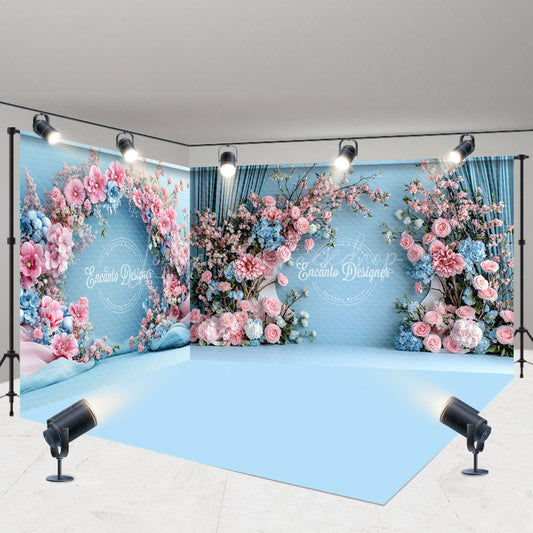 Lofaris Sweet Blue Floral Arch Curtain Room Set Backdrop