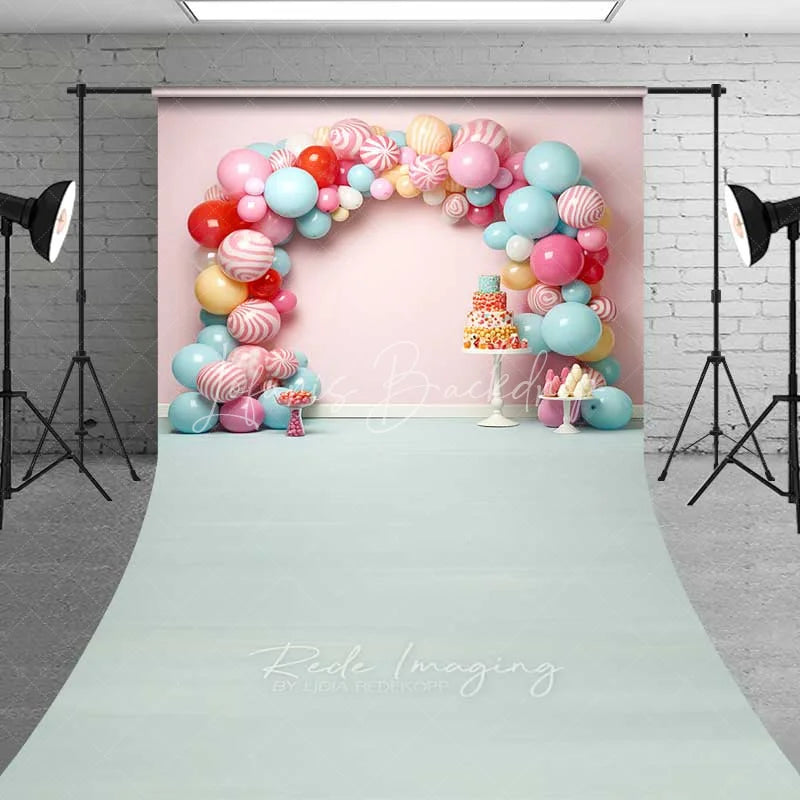 Lofaris Sweet Candy Balloon Arch Cake Smash Sweep Photography Backdrop Pastel Lollipop Party Blue Floor Photo Prop