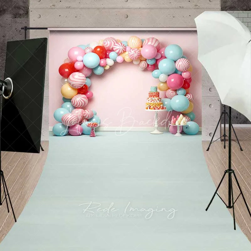 Lofaris Sweet Candy Balloon Arch Cake Smash Sweep Photography Backdrop Pastel Lollipop Party Blue Floor Photo Prop
