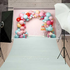 Lofaris Sweet Candy Balloon Arch Cake Smash Sweep Photography Backdrop Pastel Lollipop Party Blue Floor Photo Prop