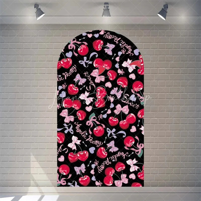 Lofaris Sweet Cherry and Pink Bows Baby Shower Arch Backdrop Heart Pattern Girl Birthday Party Decoration