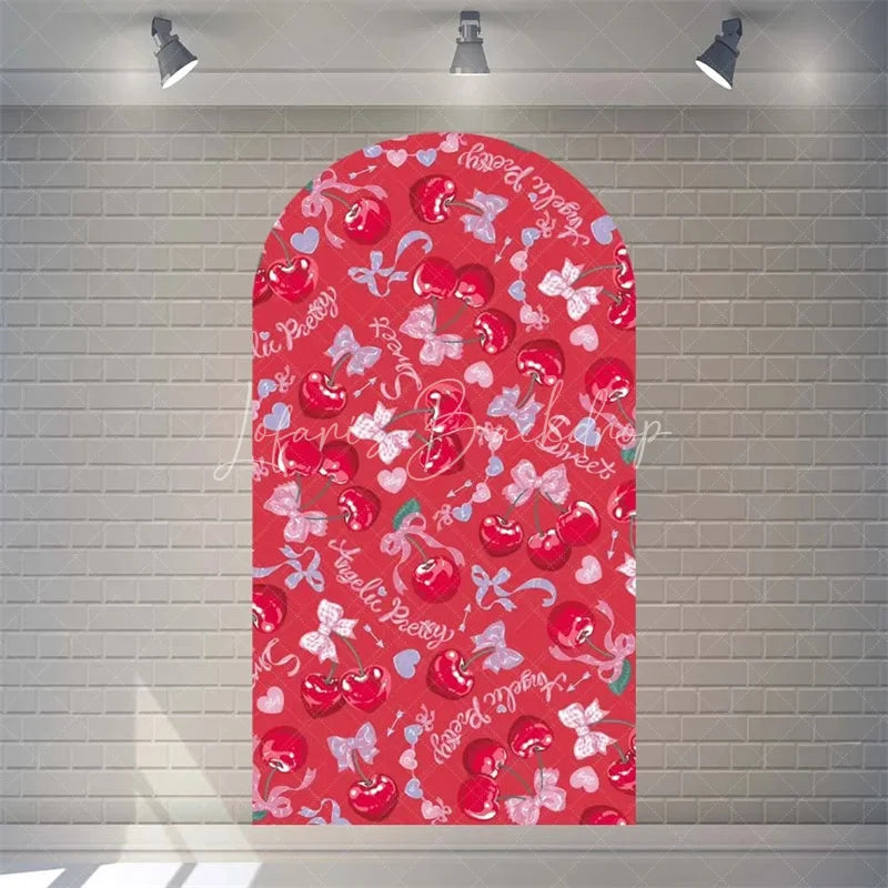 Lofaris Sweet Cherry and Pink Bows Baby Shower Arch Backdrop Heart Pattern Girl Birthday Party Decoration