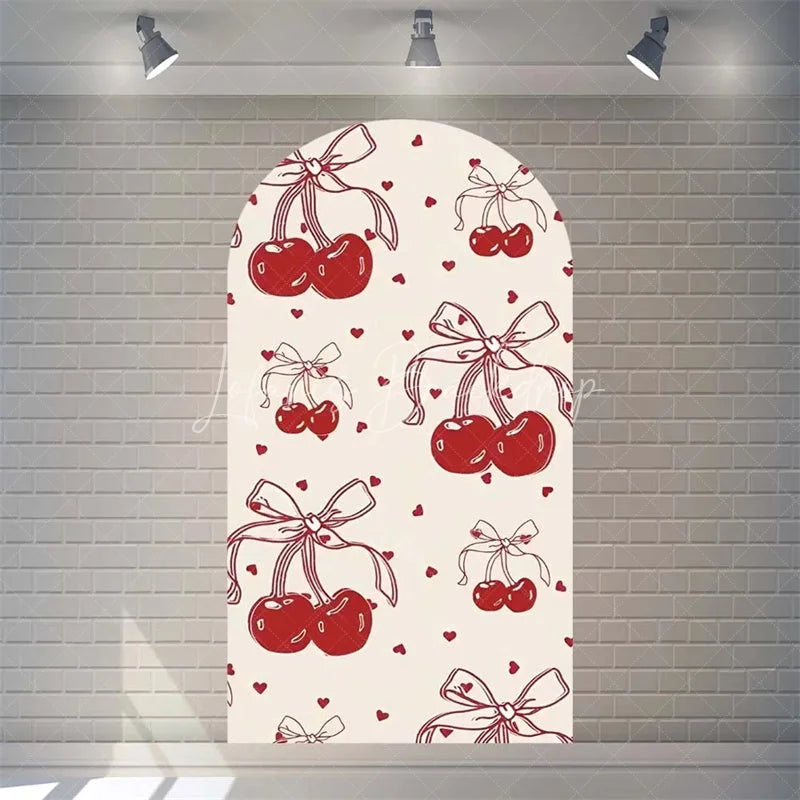 Lofaris Sweet Cherry and Pink Bows Baby Shower Arch Backdrop Heart Pattern Girl Birthday Party Decoration