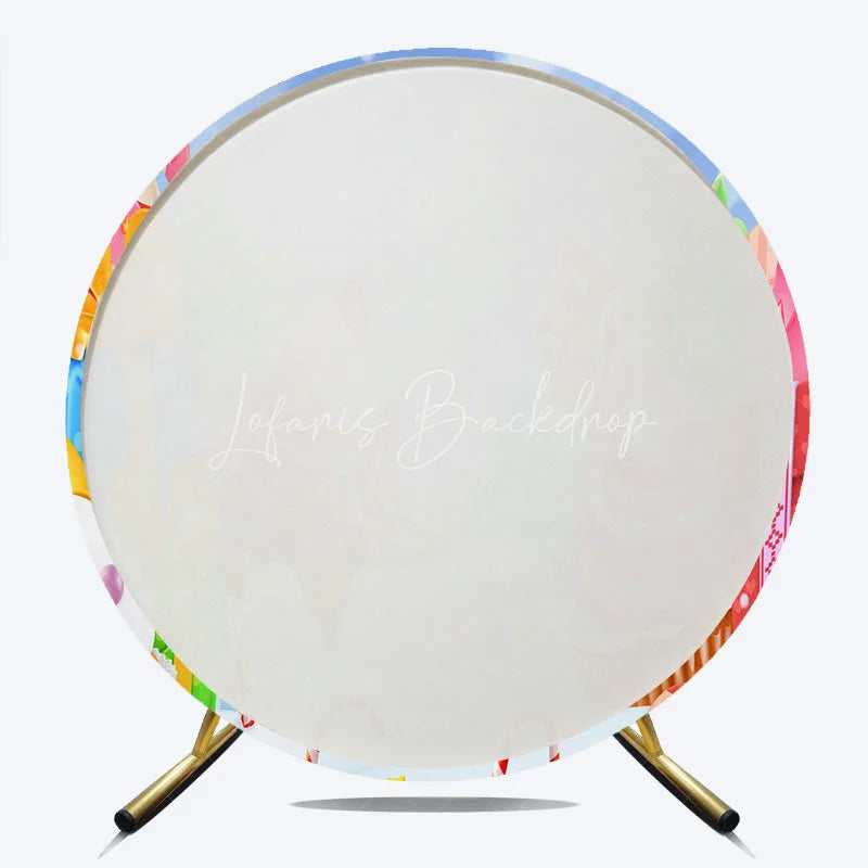Lofaris Sweet Christmas Candy Land Round Backdrop with Whimsical Cupcakes Gingerbread and Gifts