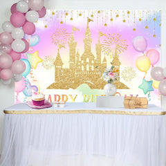 Lofaris Sweet Color Balloon Castle Happy Birthday Backdrop