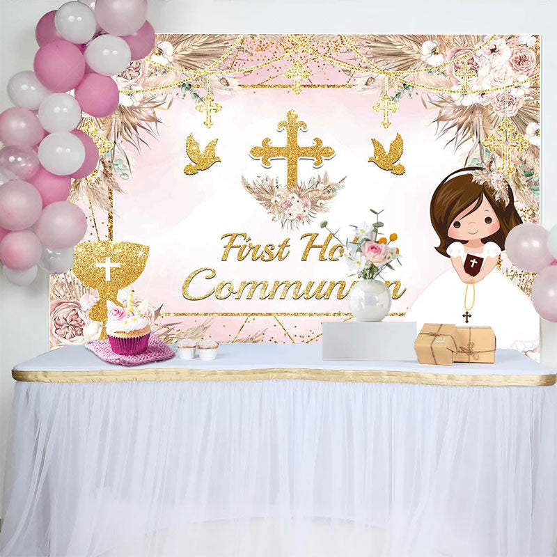 Lofaris Sweet Floral Doves First Holy Communion Backdrop