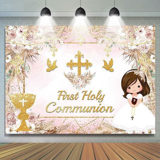 Lofaris Sweet Floral Doves First Holy Communion Backdrop