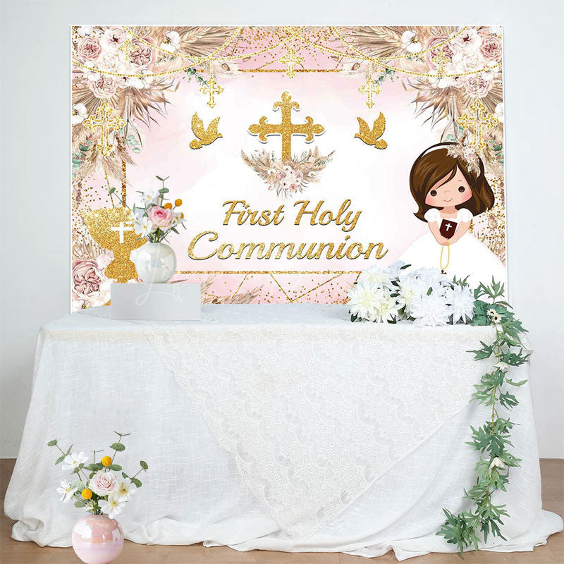 Lofaris Sweet Floral Doves First Holy Communion Backdrop