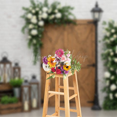 Lofaris Sweet Floral Wooden Door White Brick Wedding Backdrop